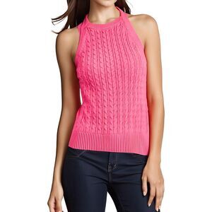 Nautica Jeans Co. Womens Pink Ribbed Trim Cable Knit Halter Top NWT